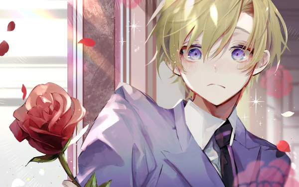 Anime-style 4K Ultra HD wallpaper of René Tamaki Richard de Grantaine from Ouran High School Host Club holding a rose with rose petals floating around.