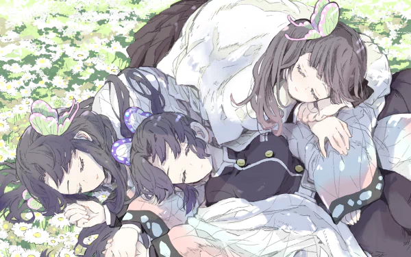 HD anime desktop wallpaper featuring Kanao Tsuyuri, Shinobu Kochou, and Kanae Kocho from Demon Slayer: Kimetsu no Yaiba resting peacefully amid flowers.