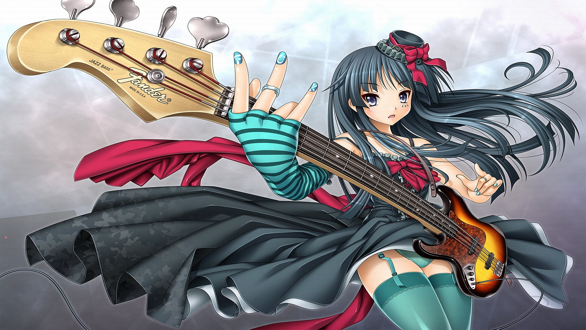 K-ON! character Mio Akiyama playing guitar against a vibrant background