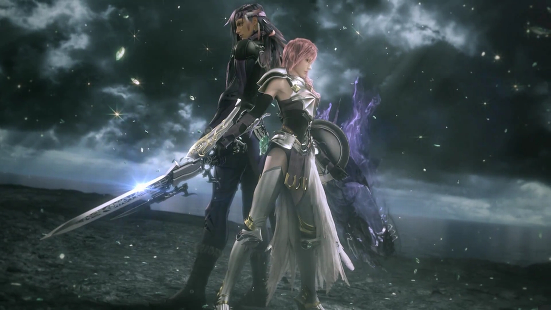 Battle between Caius Ballad and Lightning from Final Fantasy XIII-2 video game.