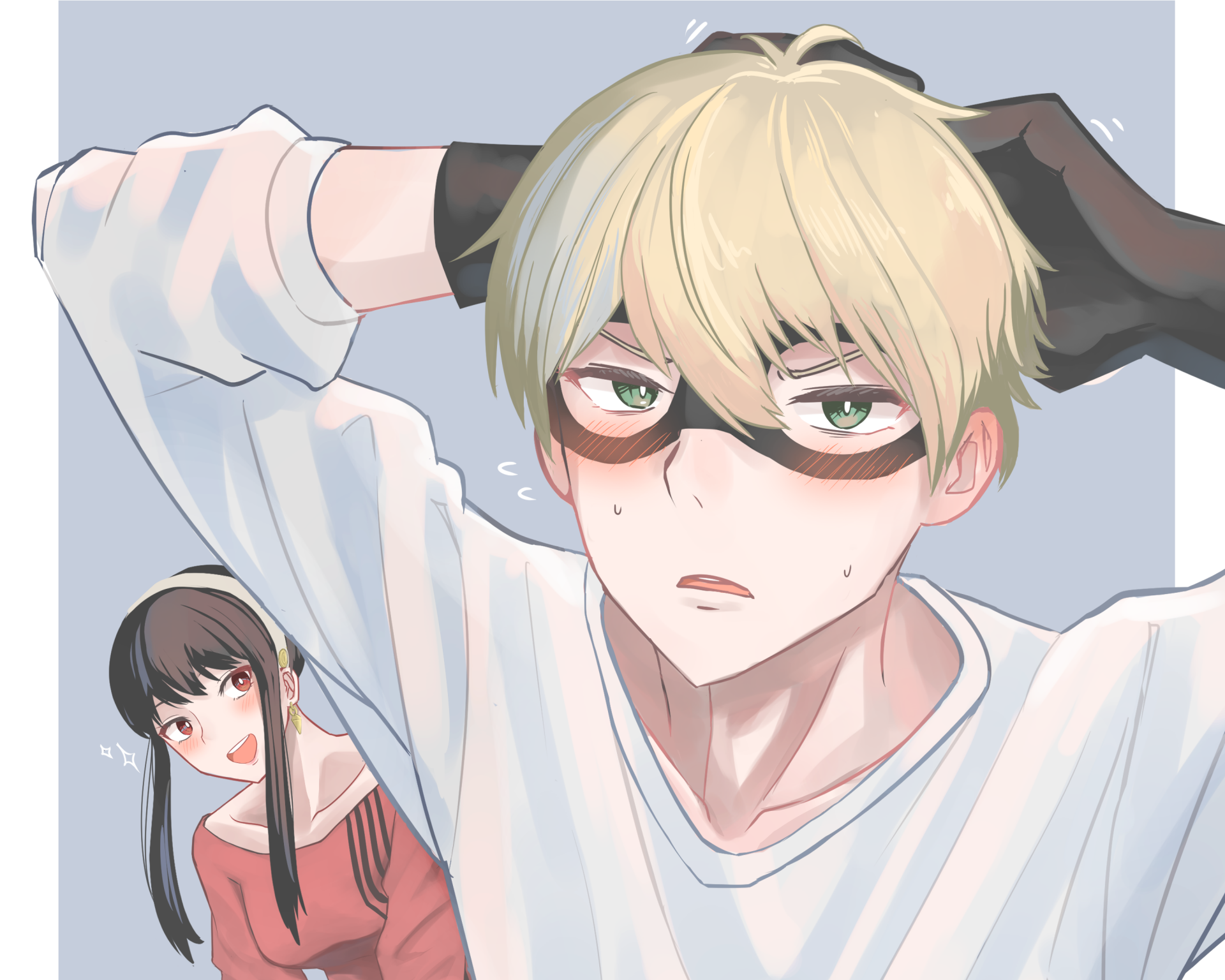 HD anime desktop wallpaper featuring Loid Forger adjusting his glasses in the foreground with Yor Forger smiling softly in the background, from Spy x Family.