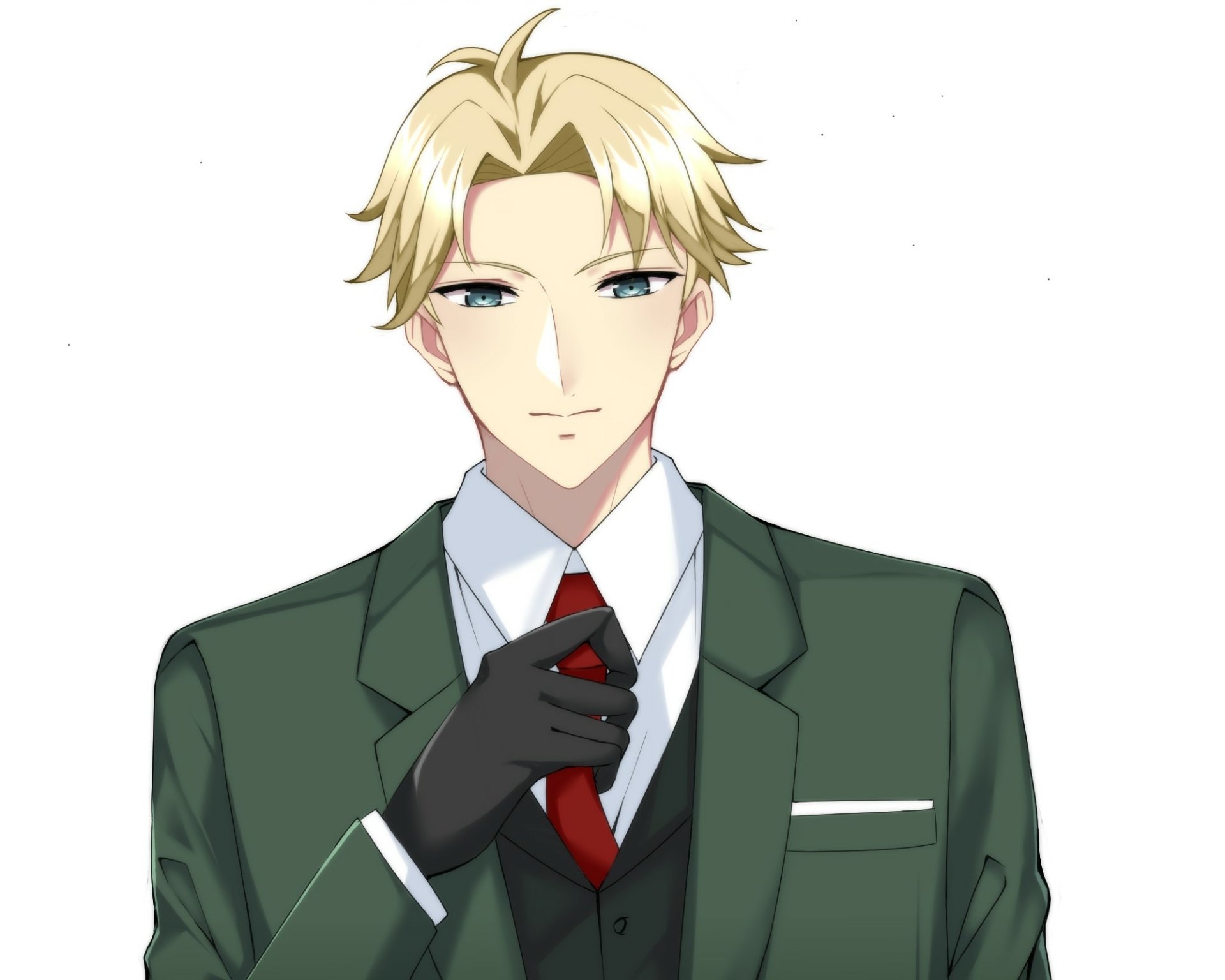 HD PC wallpaper of Loid Forger (Anime, Spy x Family): anime portrait on white background, green suit, red tie, black glove, calm confident expression.