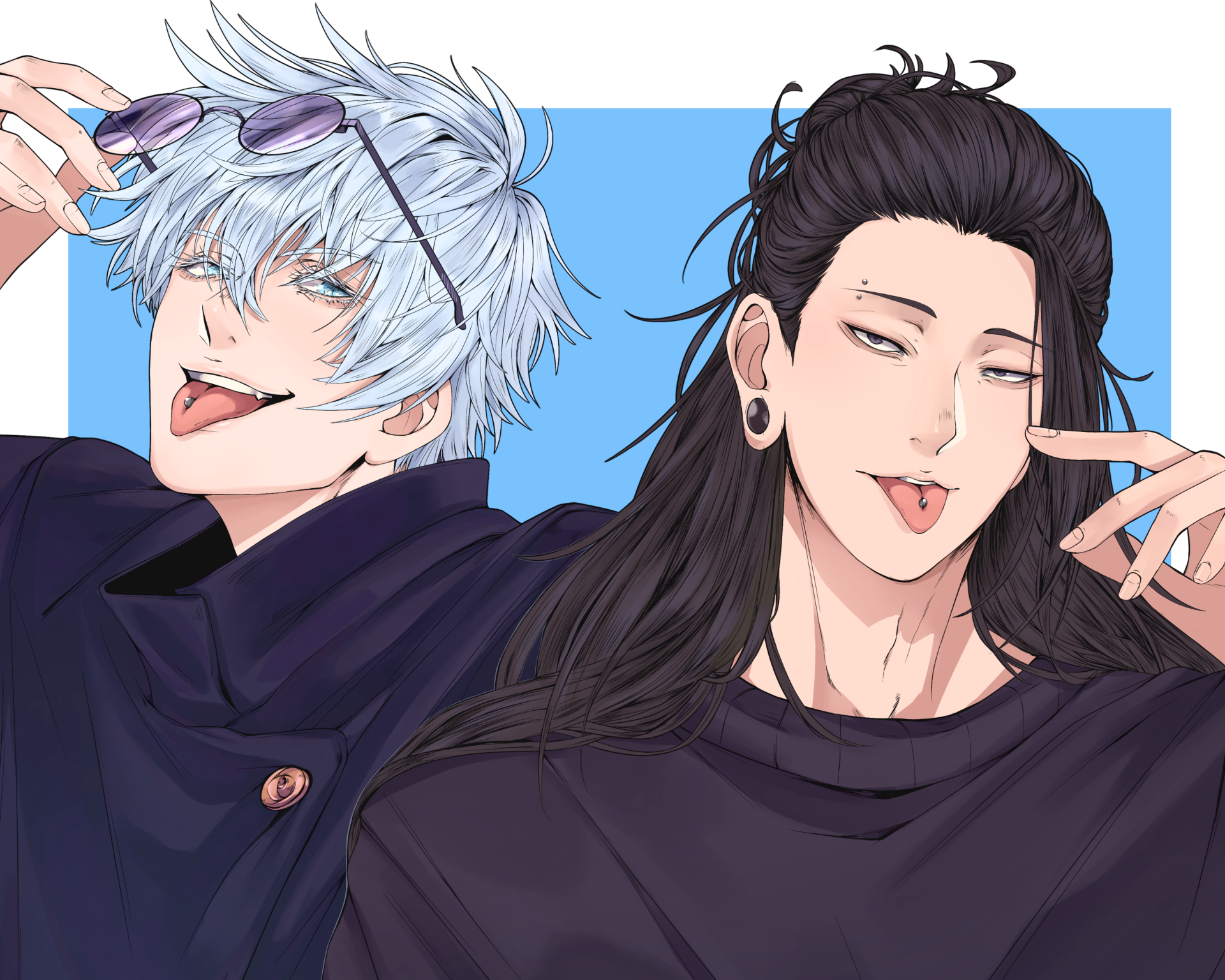 Anime 2K Quad HD PC wallpaper of Satoru Gojo and Suguru Geto (Jujutsu Kaisen) posing playfully, tongues out, against a blue-and-white background.