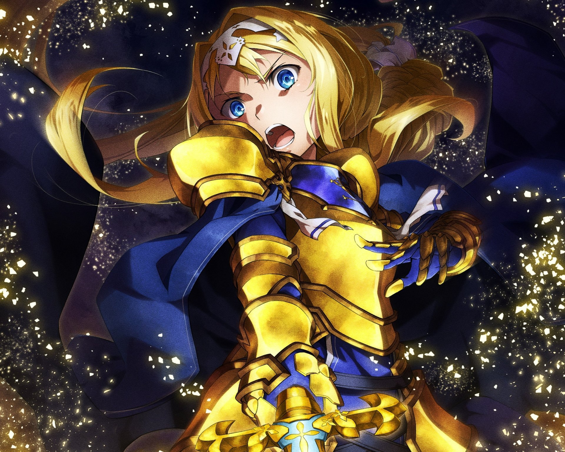 HD anime desktop wallpaper of Alice Zuberg (Sword Art Online): blonde heroine in blue-and-gold armor reaching out amid swirling golden sparkles and a starry dark background.