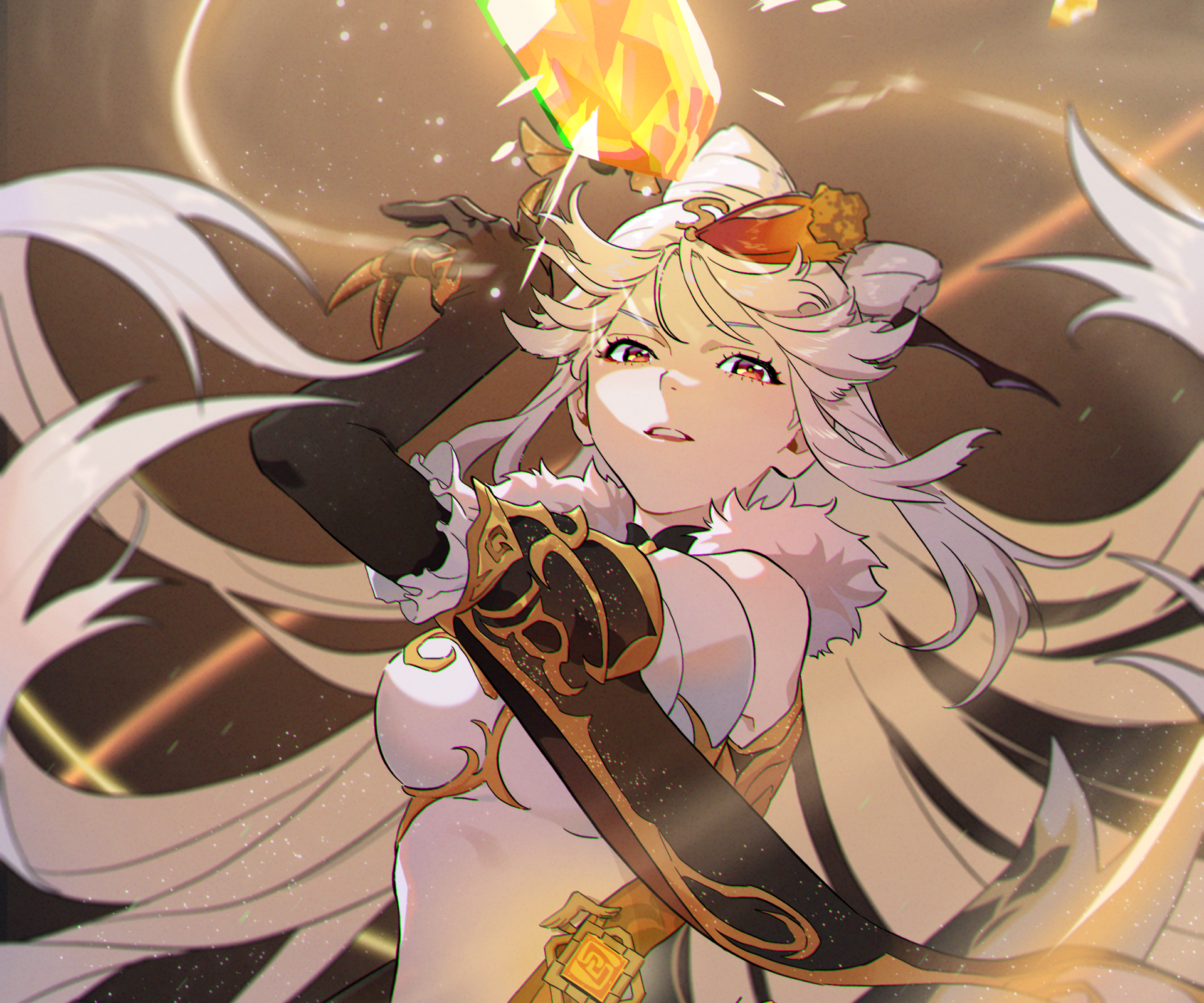 HD PC desktop wallpaper featuring Ningguang from the video game Genshin Impact, showcasing her elegant pose and detailed outfit.