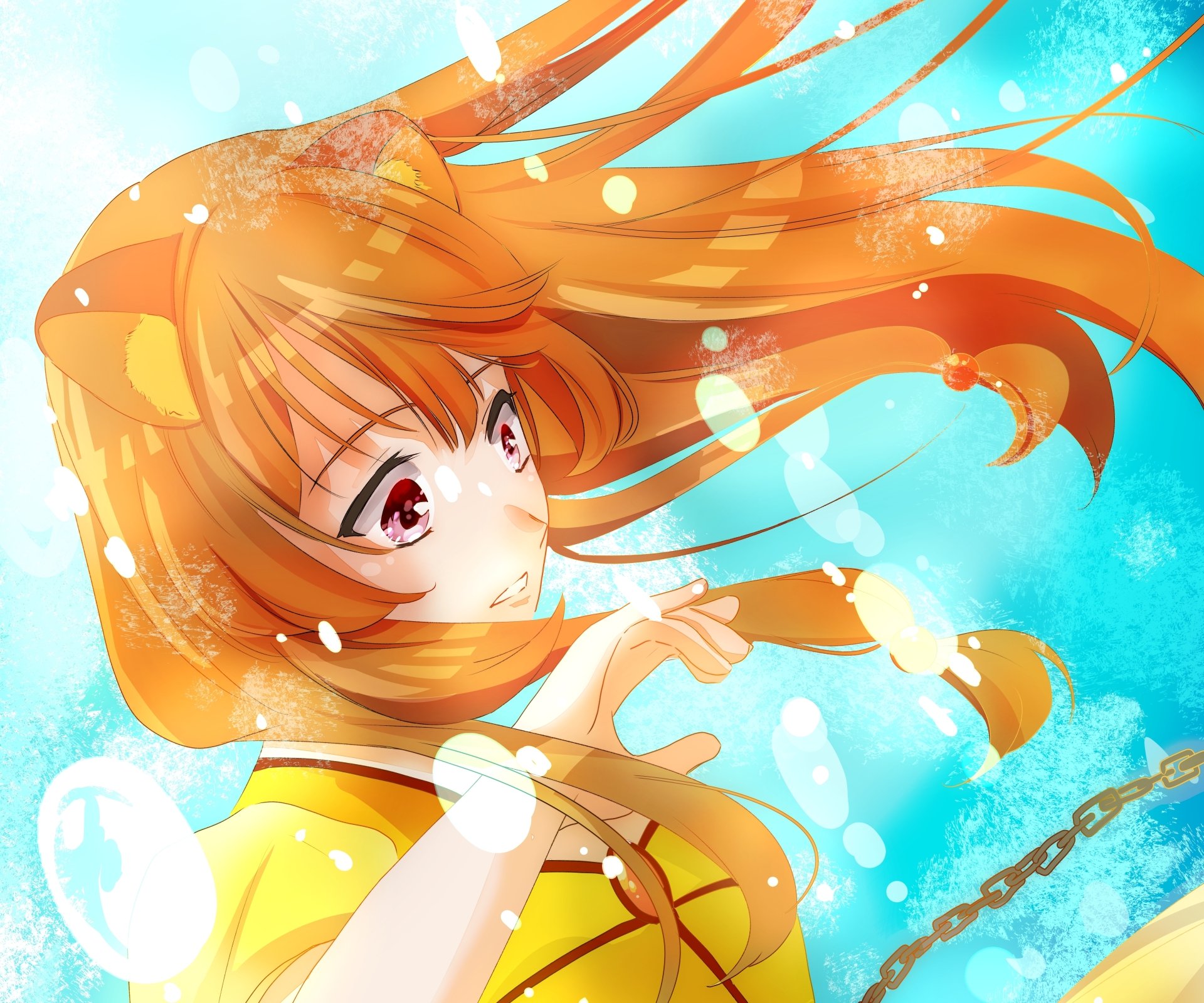 Raphtalia from The Rising of the Shield Hero — anime 4K Ultra HD PC desktop wallpaper: flowing orange hair, expressive eyes, and a luminous blue background.