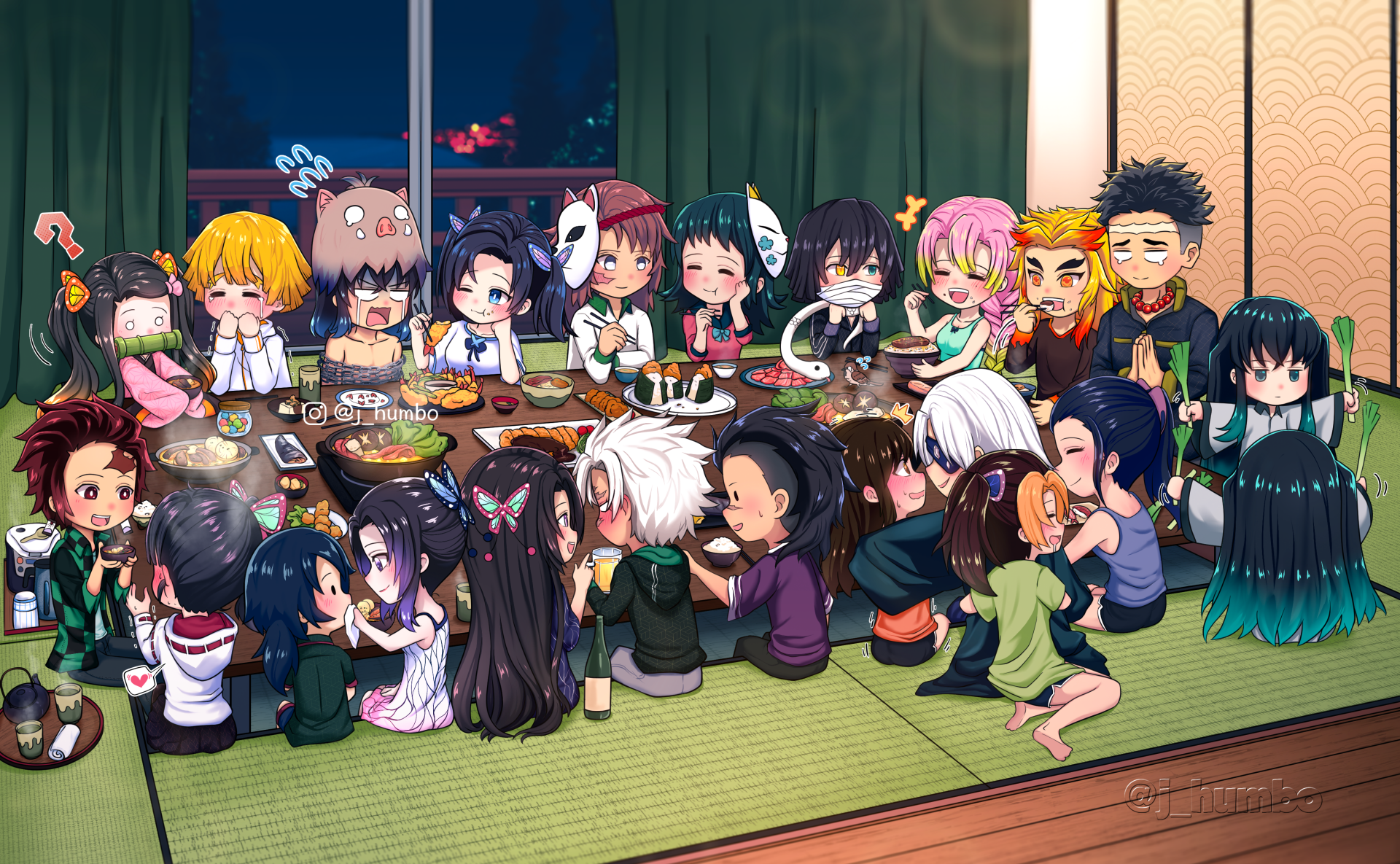 A vibrant 4K Ultra HD wallpaper featuring characters from Demon Slayer: Kimetsu no Yaiba gathered around a table, enjoying a festive meal together in a cozy setting.