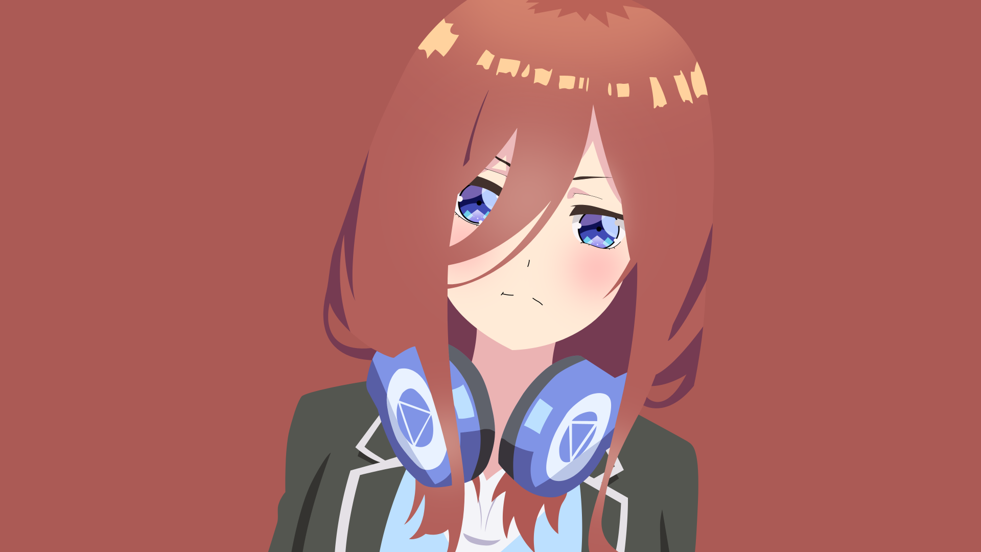 Miku Nakano from The Quintessential Quintuplets — anime portrait with blue headphones against a muted red backdrop; 4K Ultra HD PC desktop wallpaper and background.