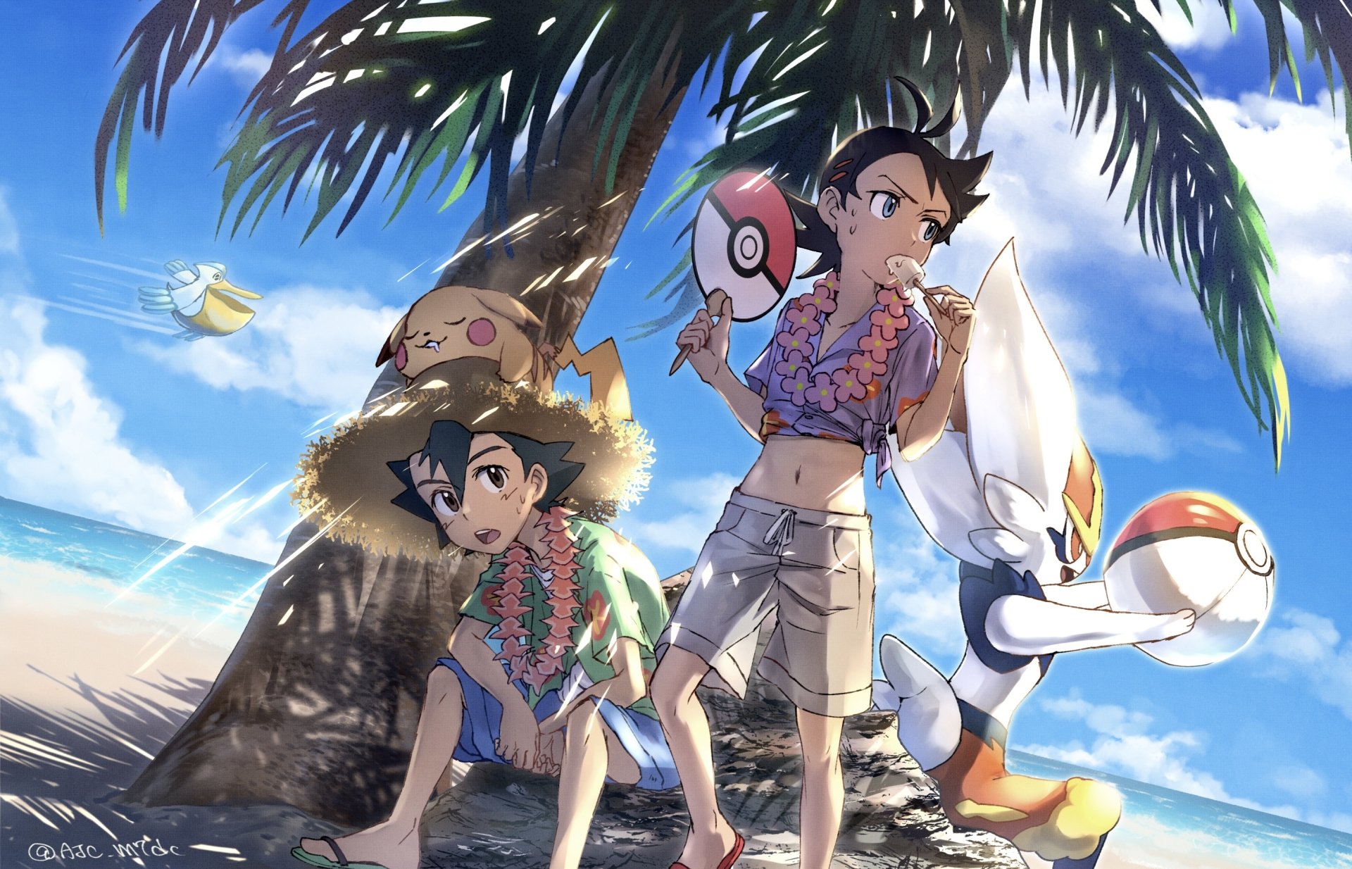 2K Quad HD wallpaper of Ash Ketchum and Goh in Hawaiian shirts on a sunny beach with Pikachu and Cinderace, holding a Poké Ball — vibrant Pokémon: Sword and Shield video game art.