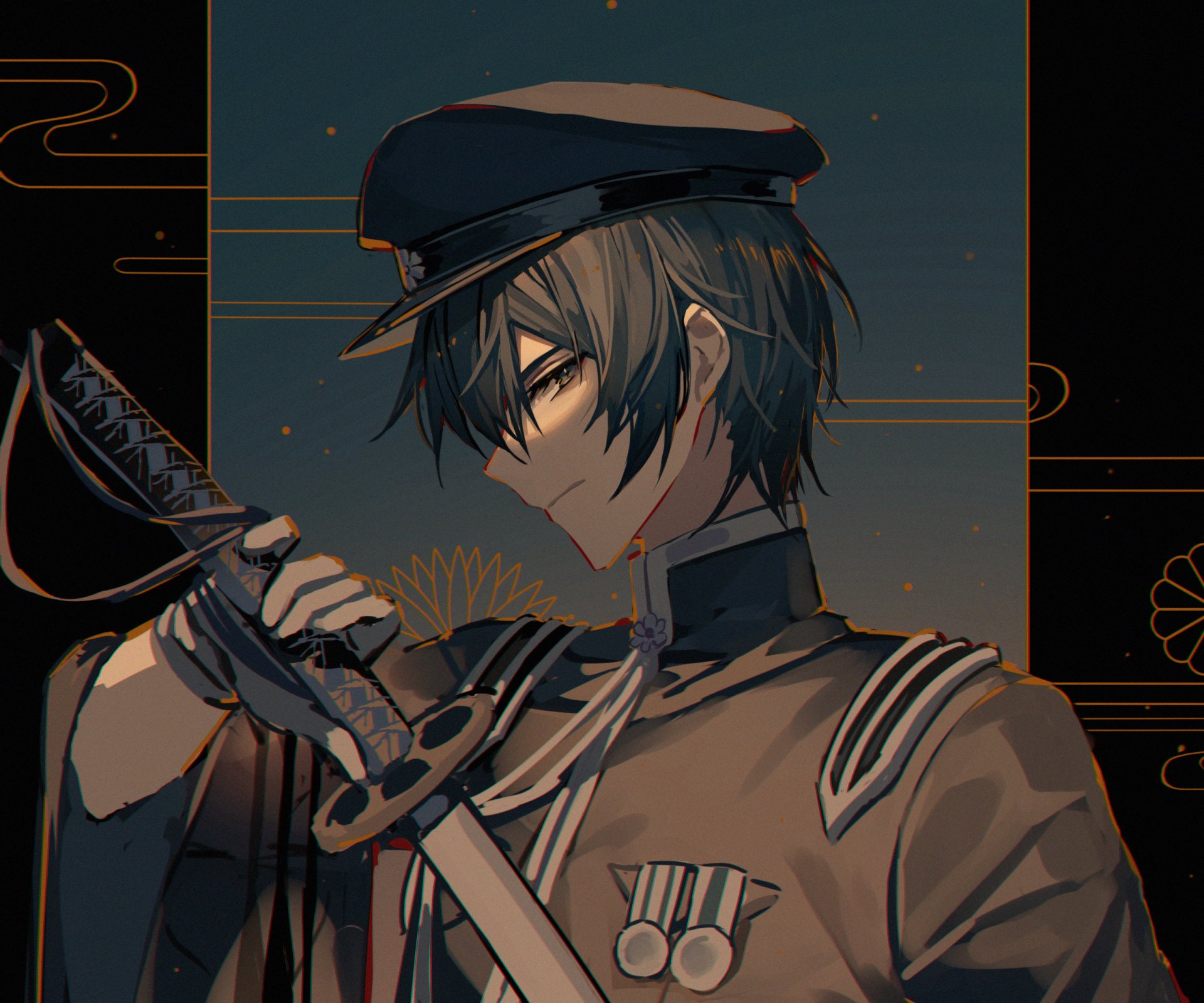 HD PC desktop wallpaper featuring anime character Kaito from Vocaloid, depicted in a detailed, dark-themed military-inspired outfit with a confident expression.