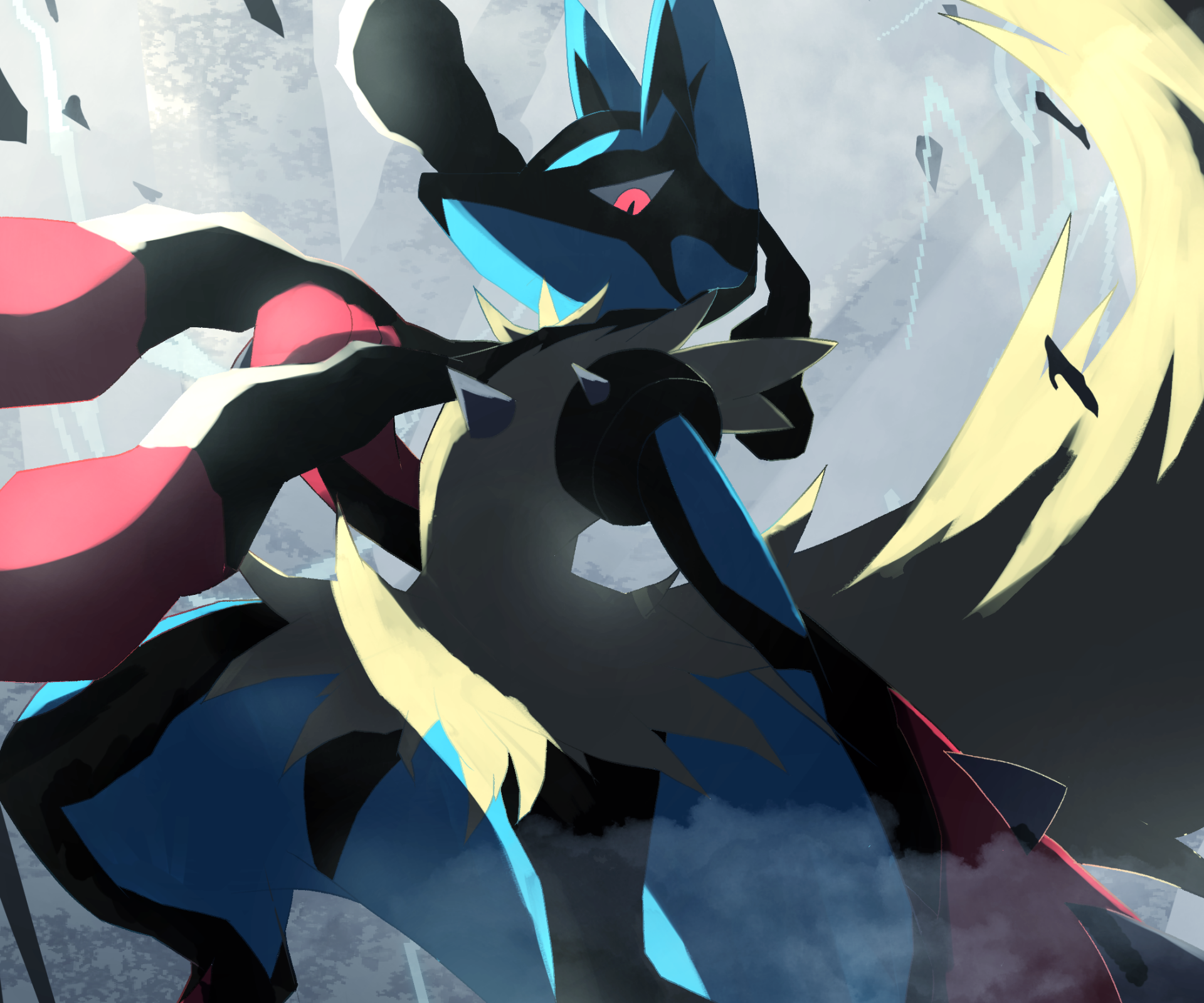 HD PC desktop wallpaper featuring Lucario from the Pokémon anime, showcasing dynamic colors and sharp details in a stylized, action-packed design.