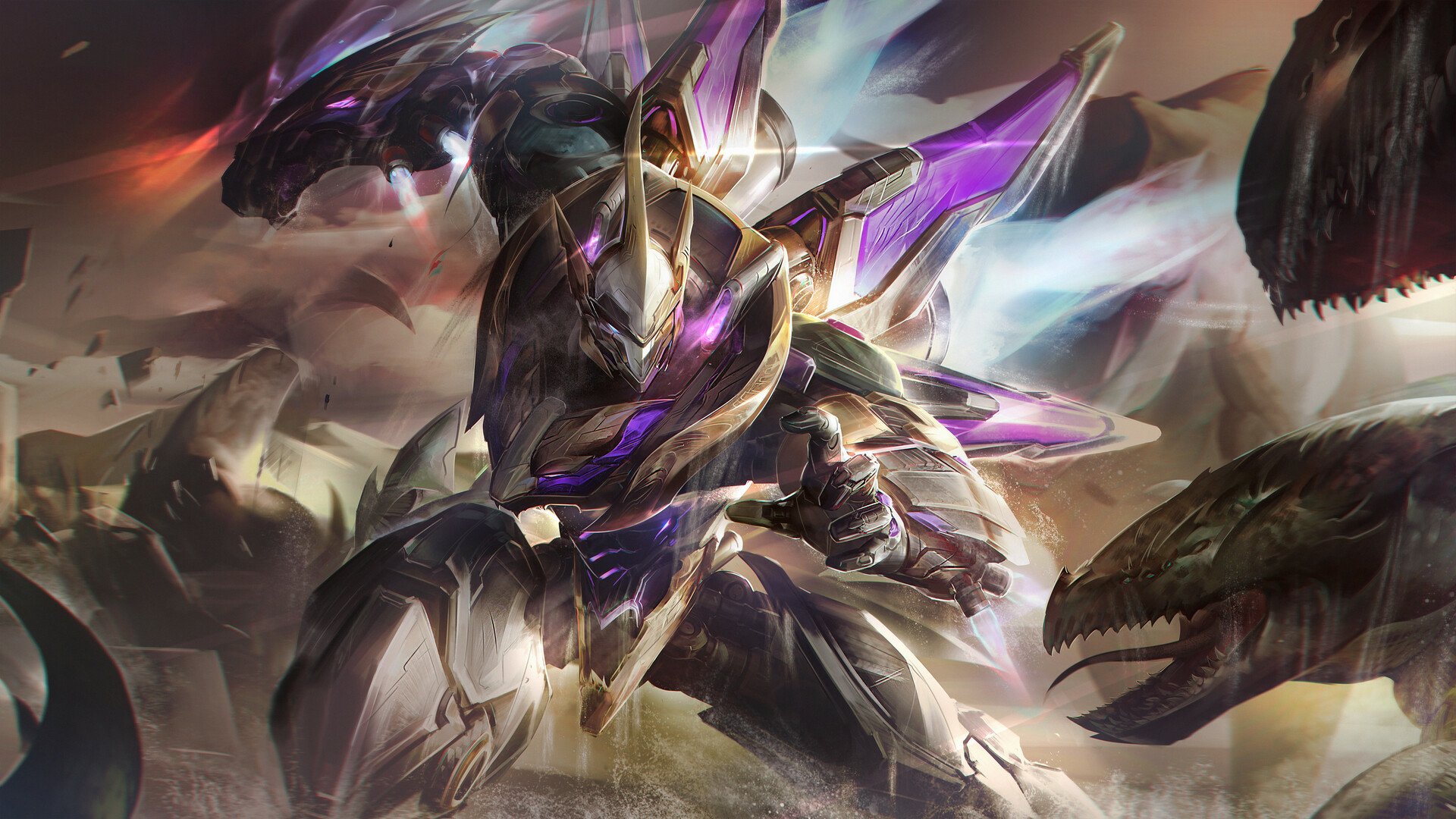 HD PC desktop wallpaper of Sett (League of Legends): armored, purple-accented champion charging through a storm with monstrous jaws — video game artwork.