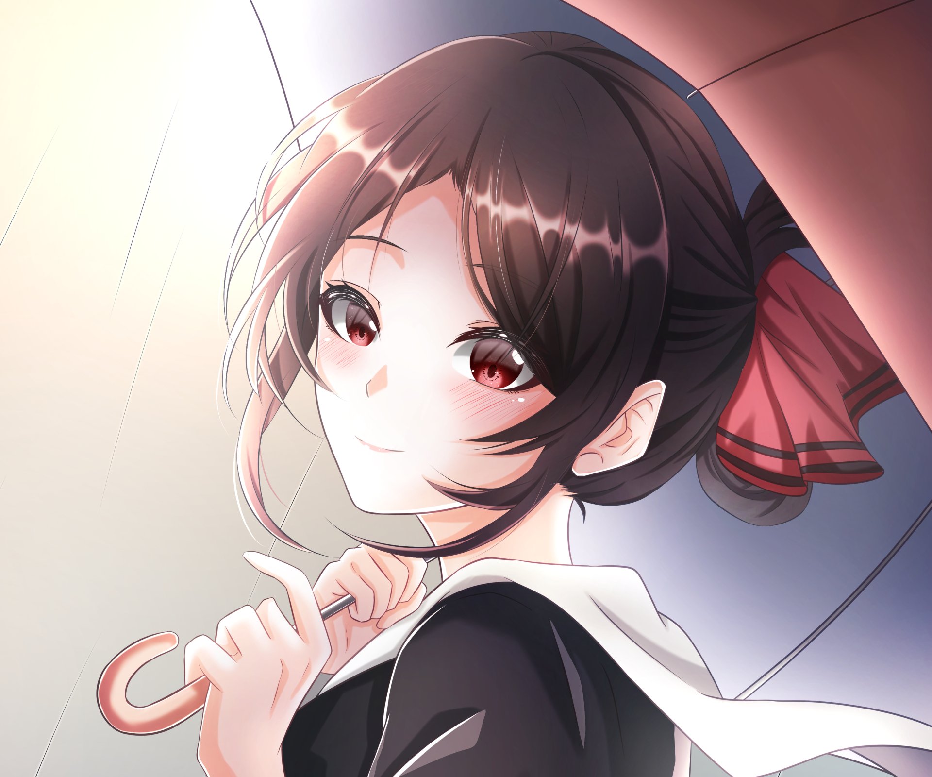 Kaguya Shinomiya from Kaguya-sama: Love is War — anime portrait with a soft smile, red eyes and a red hair ribbon, 2K Quad HD PC desktop wallpaper/background.