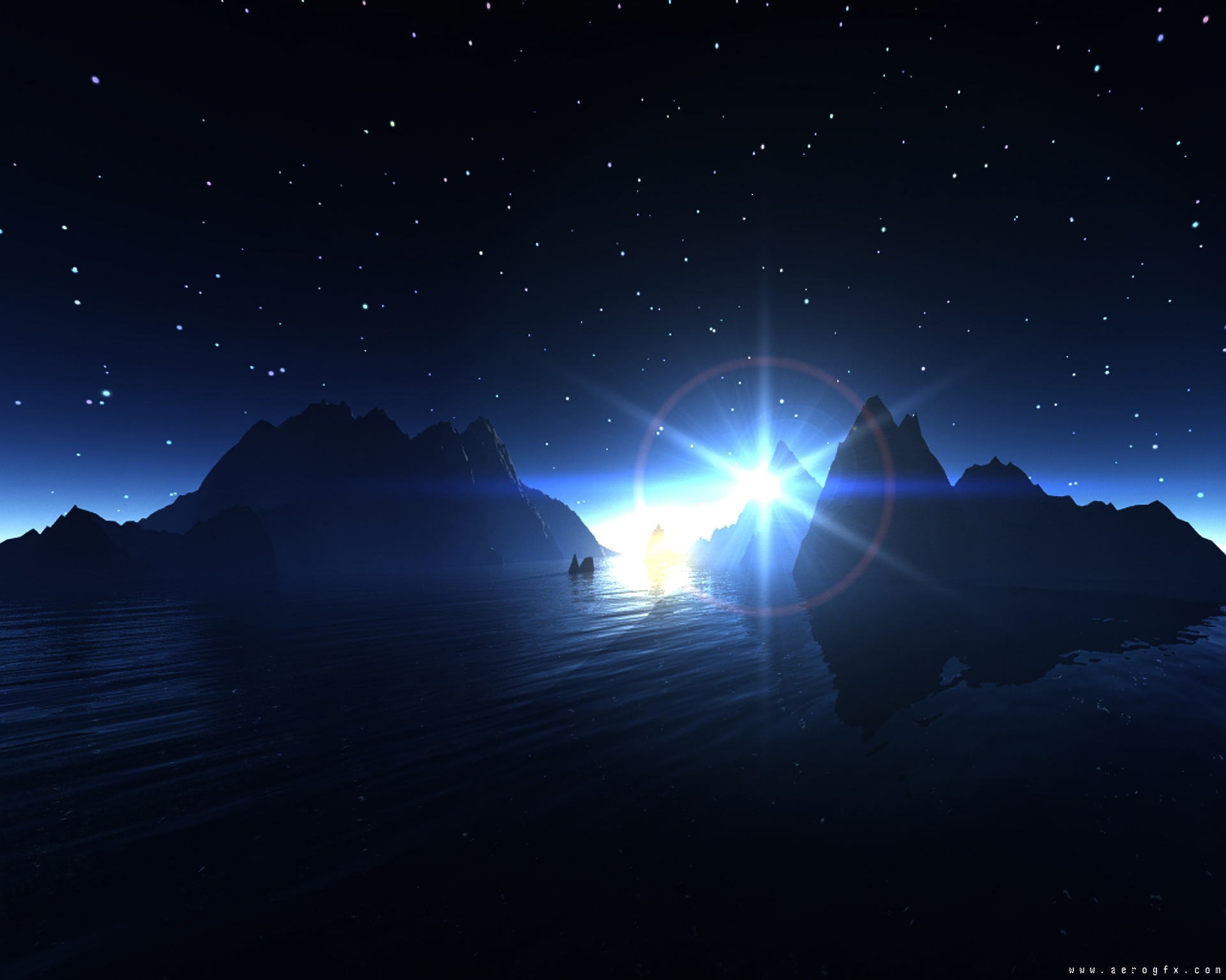 A stunning artistic landscape featuring mountains against a starry night sky, illuminated by a radiant sun, creating a captivating HD wallpaper for desktops.