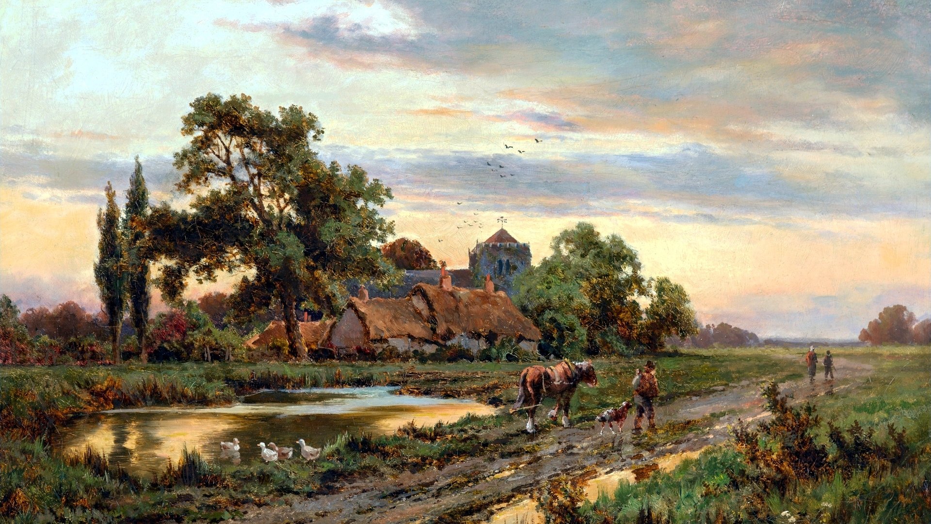 Artistic painting of a pastoral landscape with cottages, trees, a pond, and figures with horses, rendered as an HD PC desktop wallpaper and background.