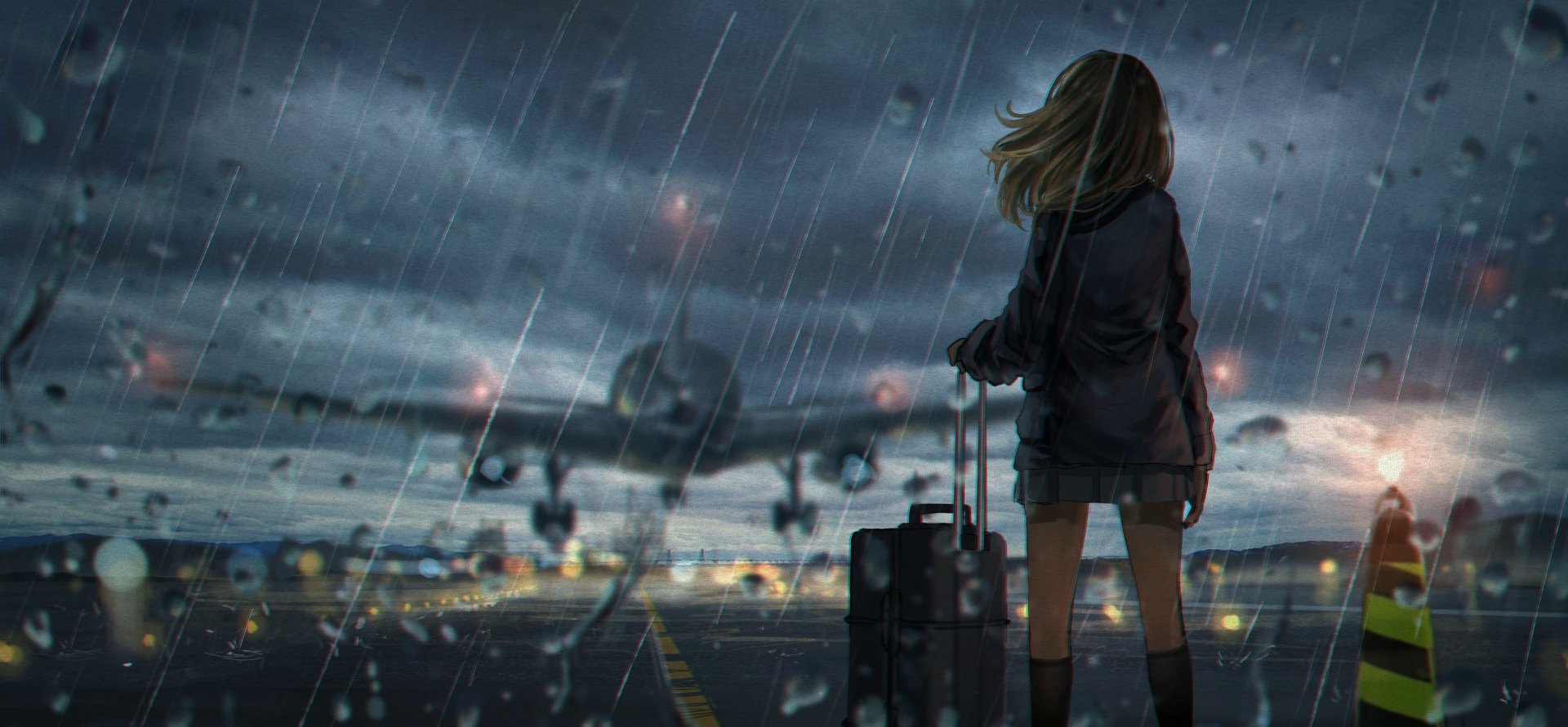 Anime girl stands with luggage on a rainy airfield as a plane prepares for takeoff, captured in a detailed 4K Ultra HD desktop wallpaper background.