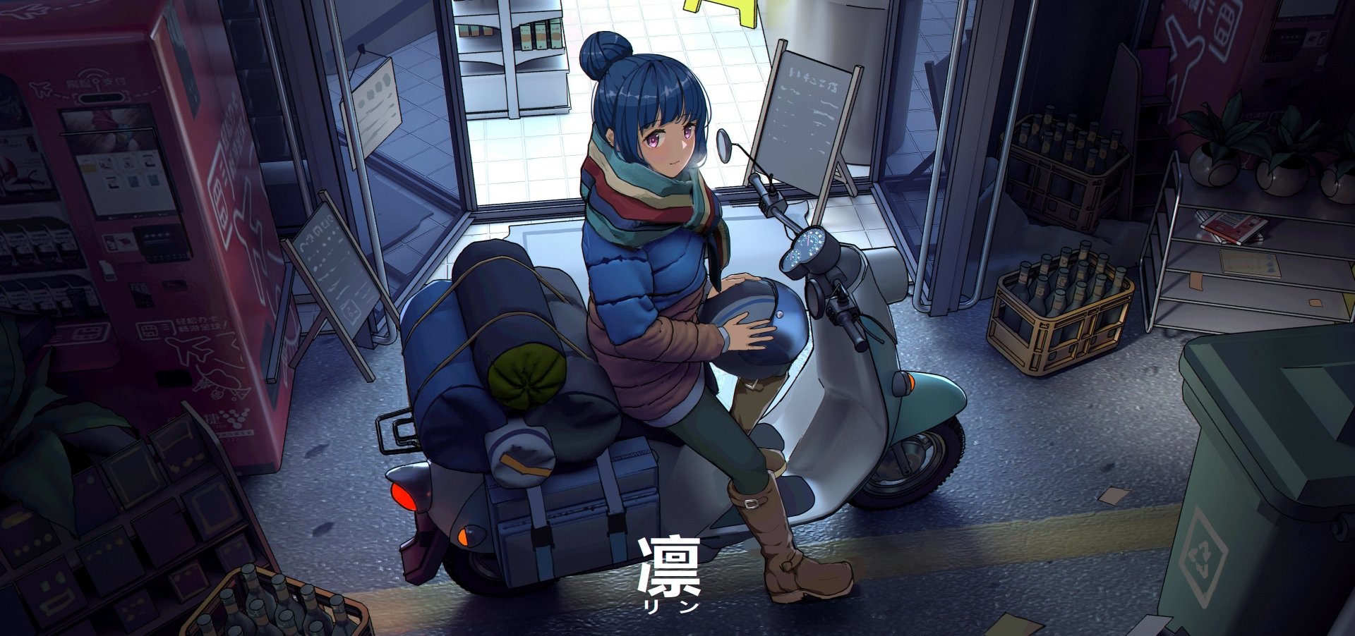 Rin Shima from Laid-Back Camp sits on a packed scooter in a dim garage, bundled in scarf and boots — anime 5K Ultra HD PC desktop wallpaper and background.