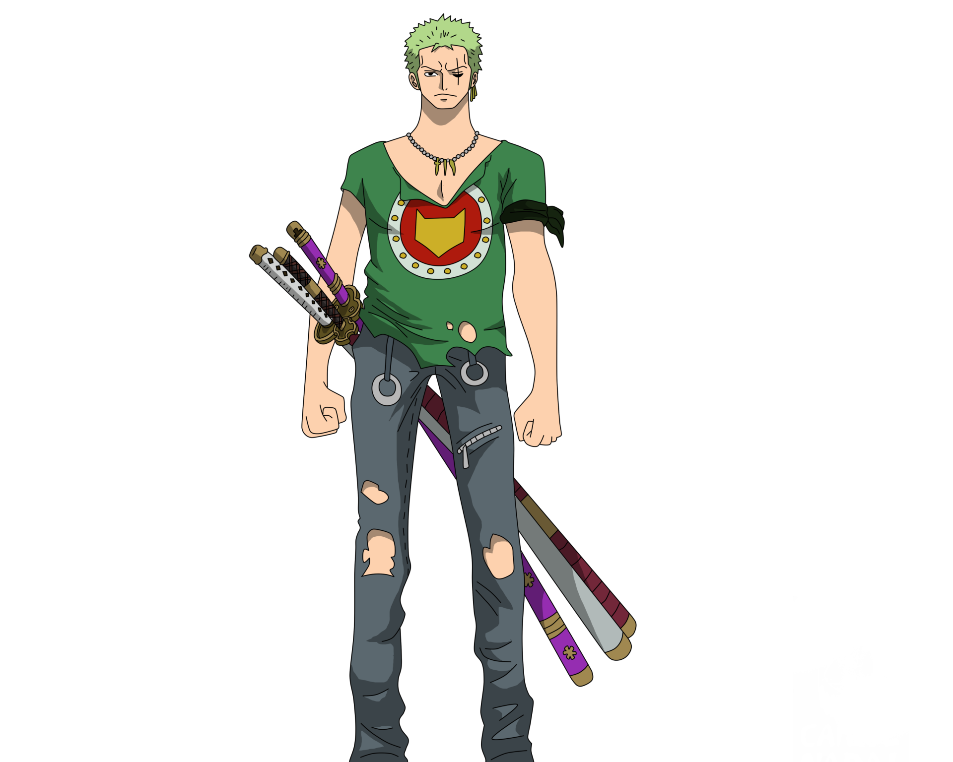 Roronoa Zoro from One Piece anime, full-body: green shirt, three sheathed swords at his hip, torn jeans — 2K Quad HD PC desktop wallpaper background.