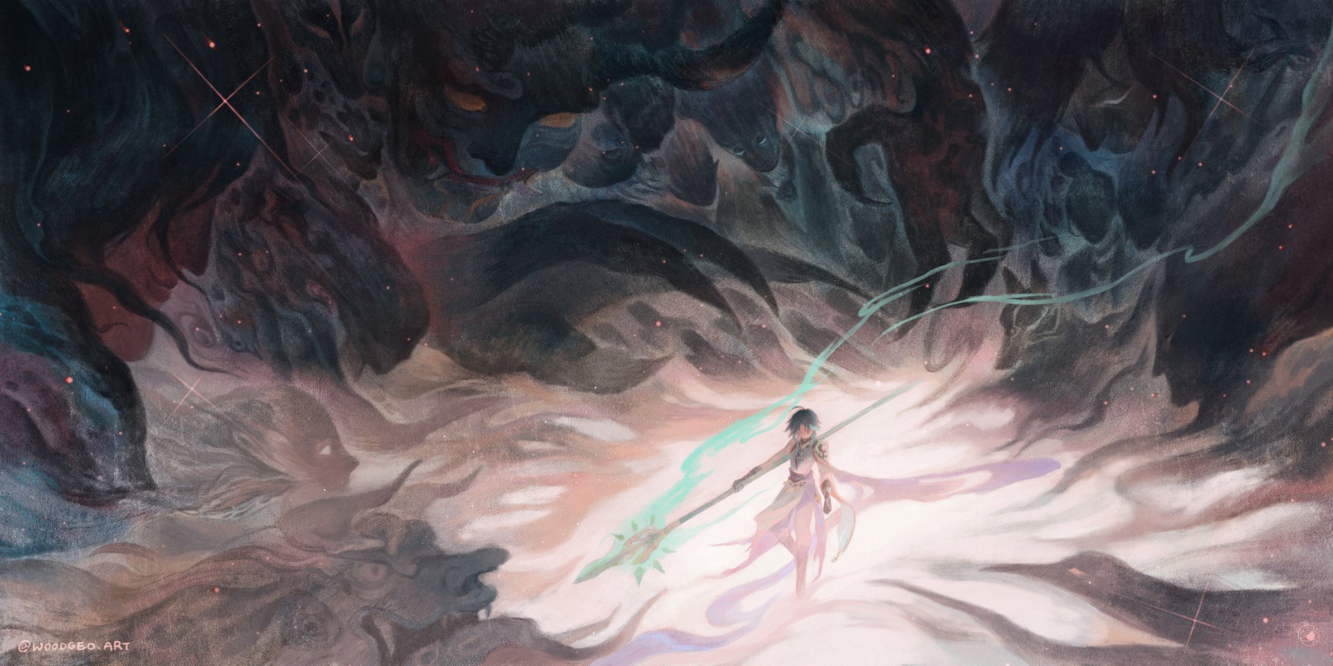 Xiao from Genshin Impact stands poised in a mystical, swirling environment, wielding his spear. This striking image serves as an 8K Ultra HD PC desktop wallpaper, enhancing any gaming setup.