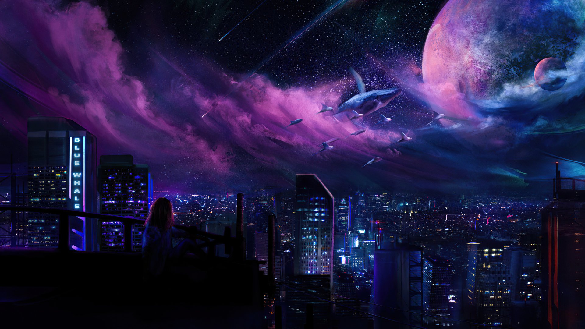 4K Ultra HD PC desktop wallpaper and background of a futuristic sci‑fi city: neon skyline and towering skyscrapers beneath a purple cosmic sky with planets and flying creatures.