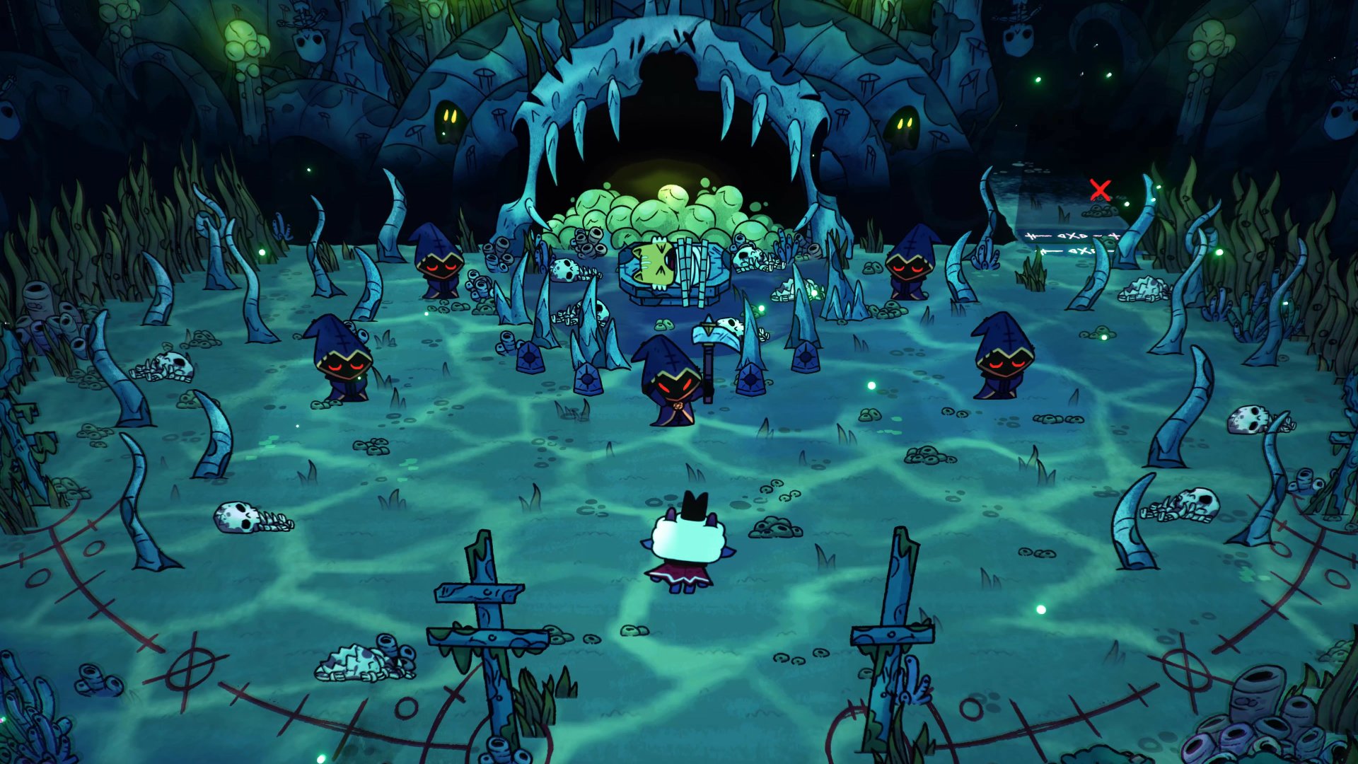 4K Ultra HD Cult of the Lamb video game scene showing a character facing cloaked figures in a dark, eerie ritual ground surrounded by skulls and glowing symbols.