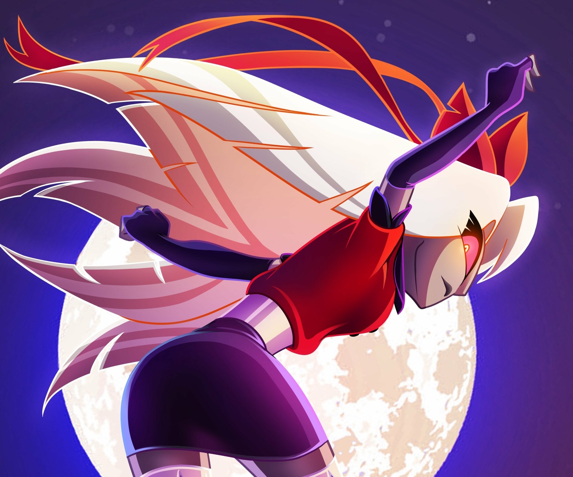HD PC desktop wallpaper of Vaggie from the TV show Hazbin Hotel, featuring dynamic pose and vibrant colors against a full moon backdrop.