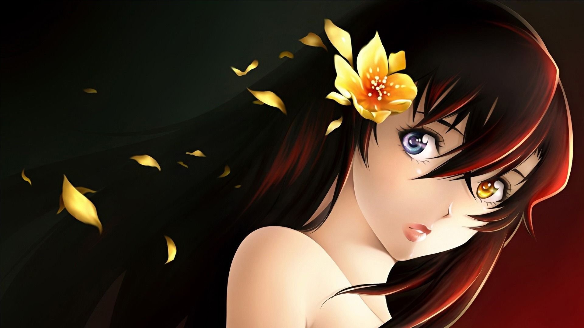 A captivating HD anime wallpaper from Rozen Maiden, featuring a girl with striking eyes and flowing black hair adorned with a yellow flower against a dramatic background.