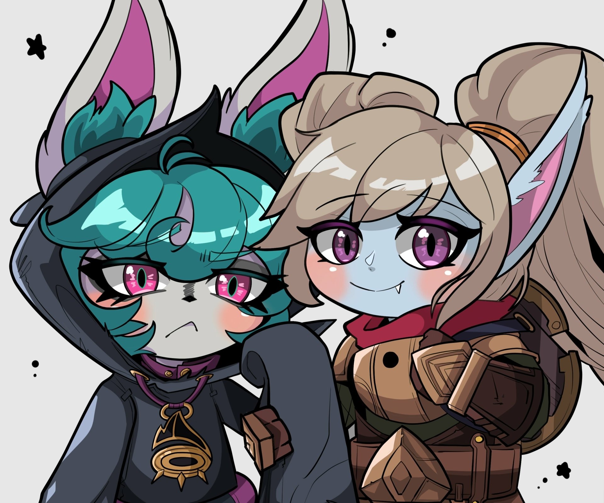 Chibi Vex and Poppy from League of Legends, cute stylized portrait for a 2K Quad HD PC desktop wallpaper/background, colorful video game art.