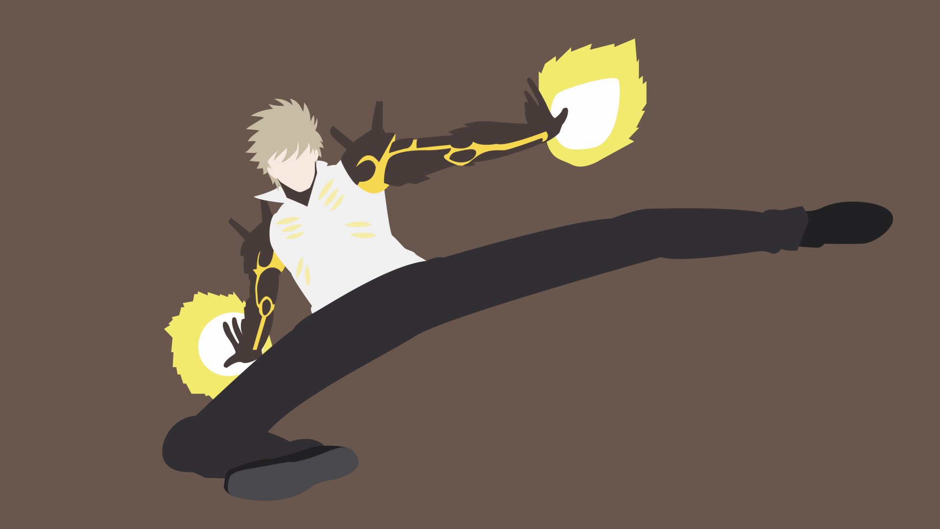 Genos (One-Punch Man) anime 4K Ultra HD desktop wallpaper — minimalist illustration of Genos mid-air with an extended kick and glowing cybernetic arms on a muted brown background.