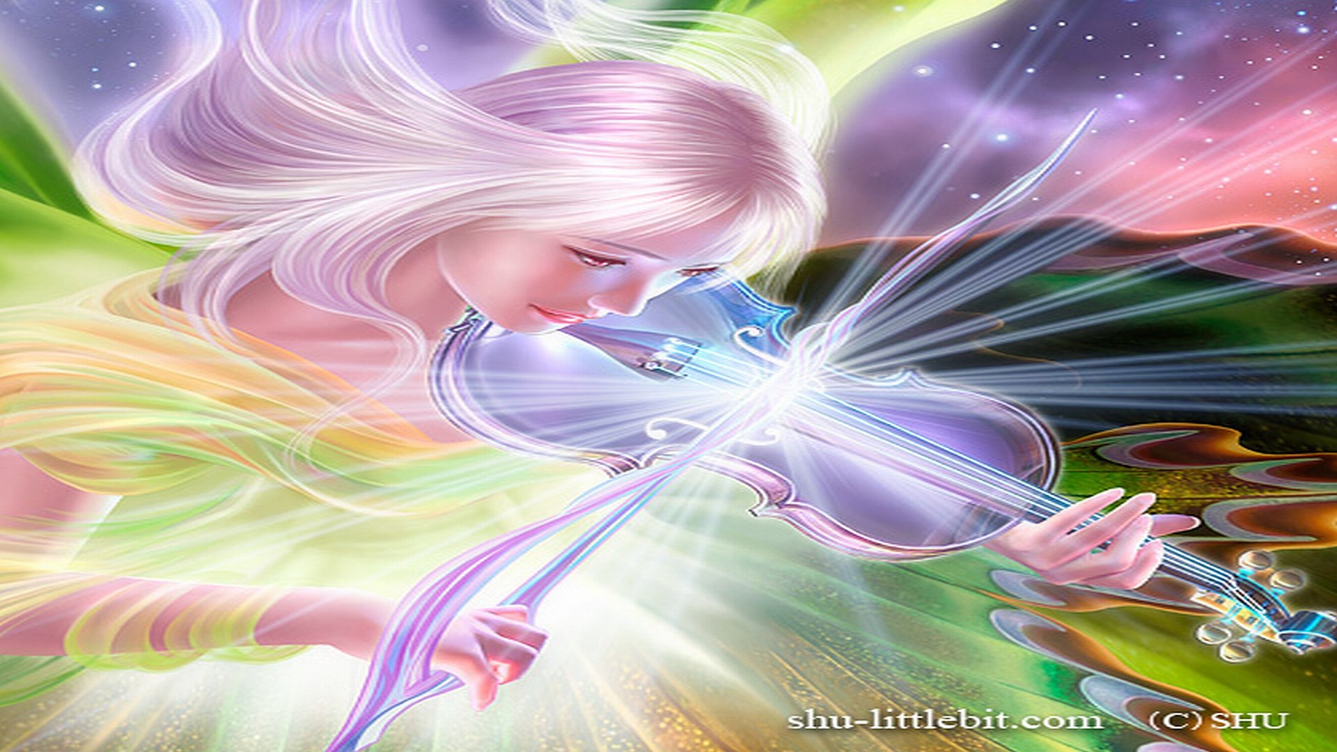HD PC desktop wallpaper: fantasy woman with flowing pastel hair plays a glowing violin, surrounded by swirling rainbow light, celestial sparkles, and a radiant, dreamlike background.