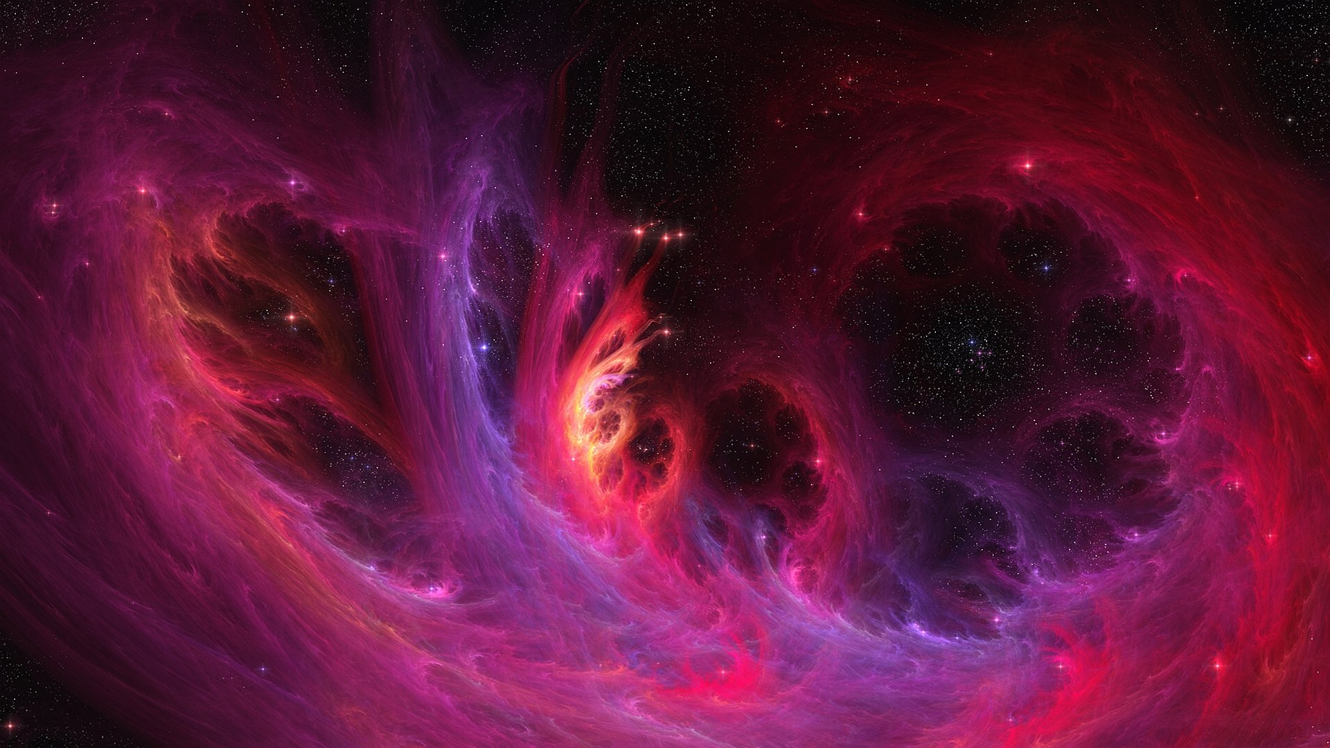 HD PC desktop wallpaper featuring a vibrant sci-fi nebula with swirling purple and red cosmic clouds and distant stars.