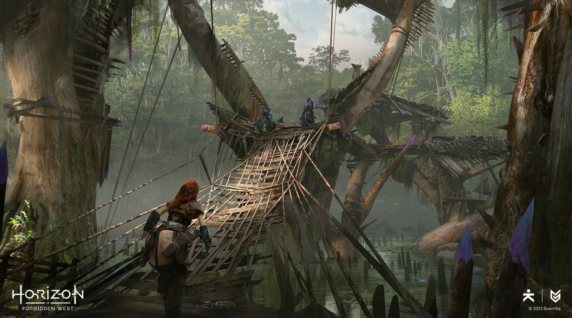 Horizon Forbidden West video game 2K Quad HD PC desktop wallpaper: Aloy crouches by a woven wooden bridge leading into a towering tree-village shrouded in misty jungle vegetation.