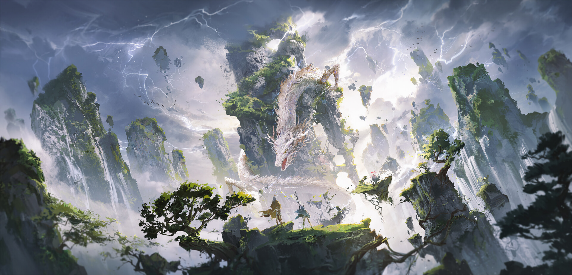 Majestic Chinese dragon coils amid misty floating mountains and lightning-lit sky, an epic fantasy tableau rendered as a 2K Quad HD PC desktop wallpaper and background.