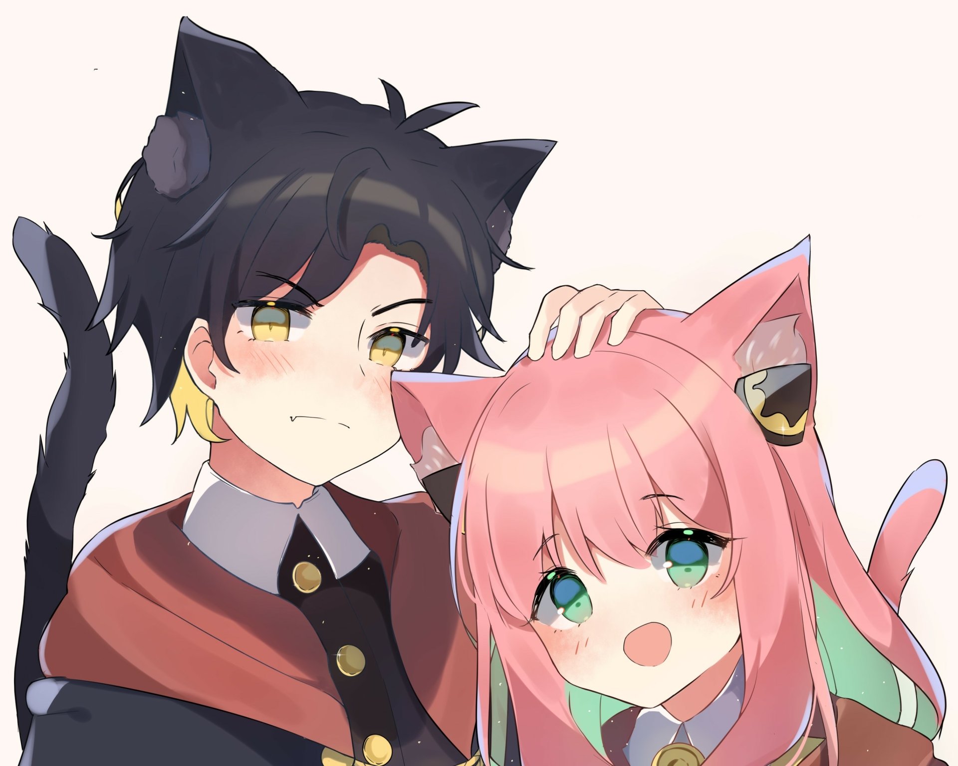 Anime-style HD PC desktop wallpaper featuring Anya Forger and Damian Desmond from Spy x Family, with both characters depicted wearing cat ears.