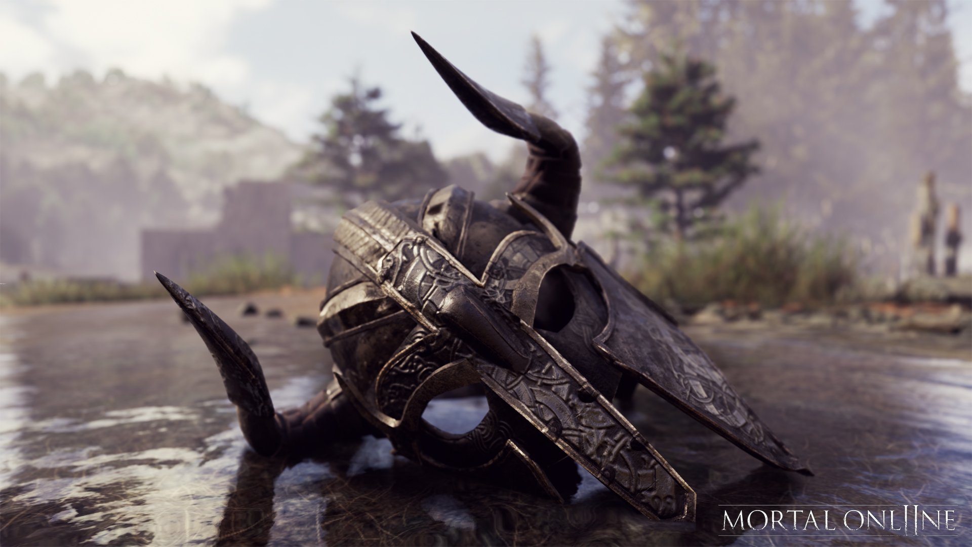 A detailed HD wallpaper featuring a intricately designed helmet with horns, set against a lush outdoor backdrop, inspired by the video game Mortal Online 2.
