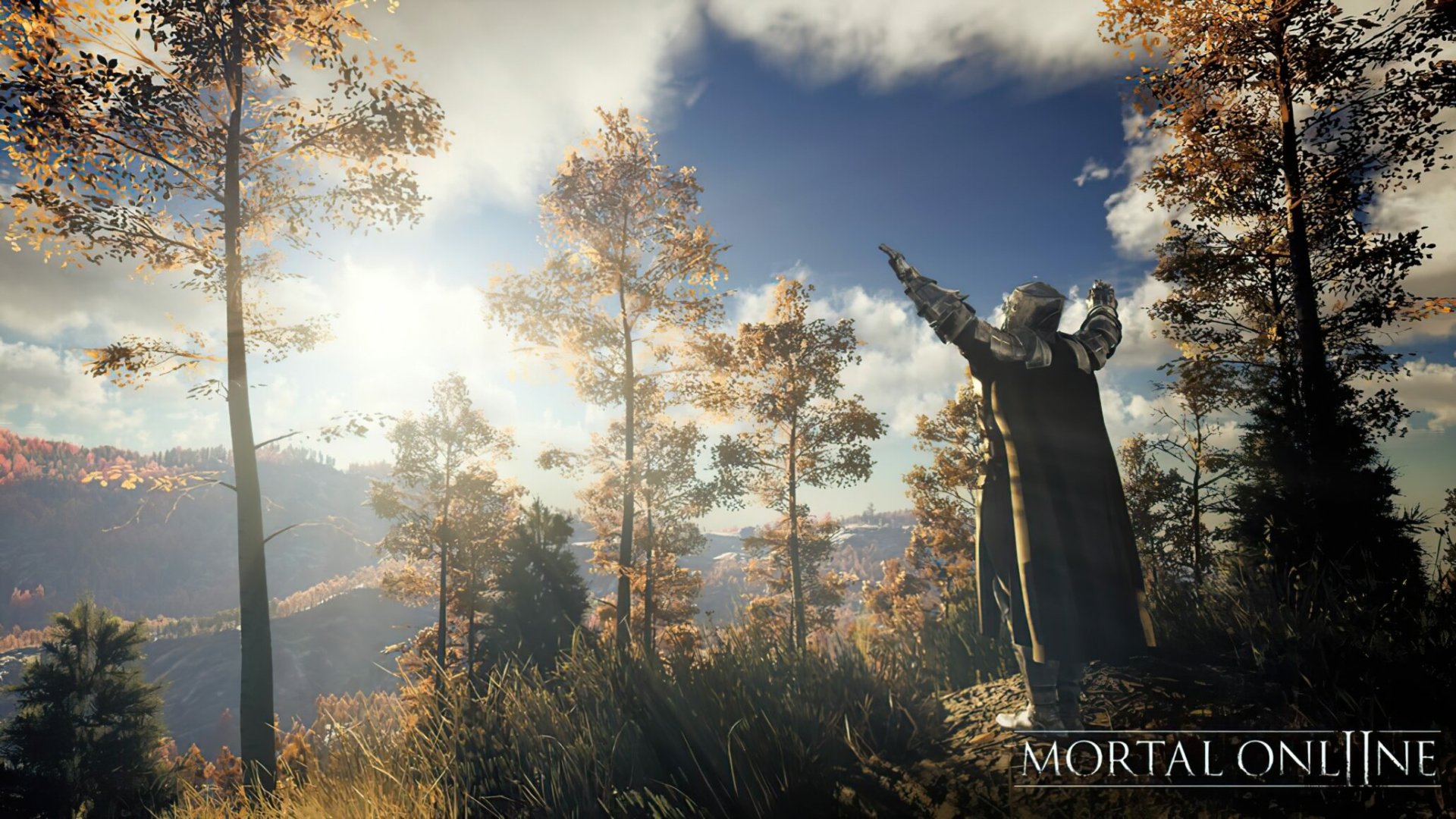 HD Wallpaper of Mortal Online 2 featuring a majestic statue in a forest at sunrise for desktop background.