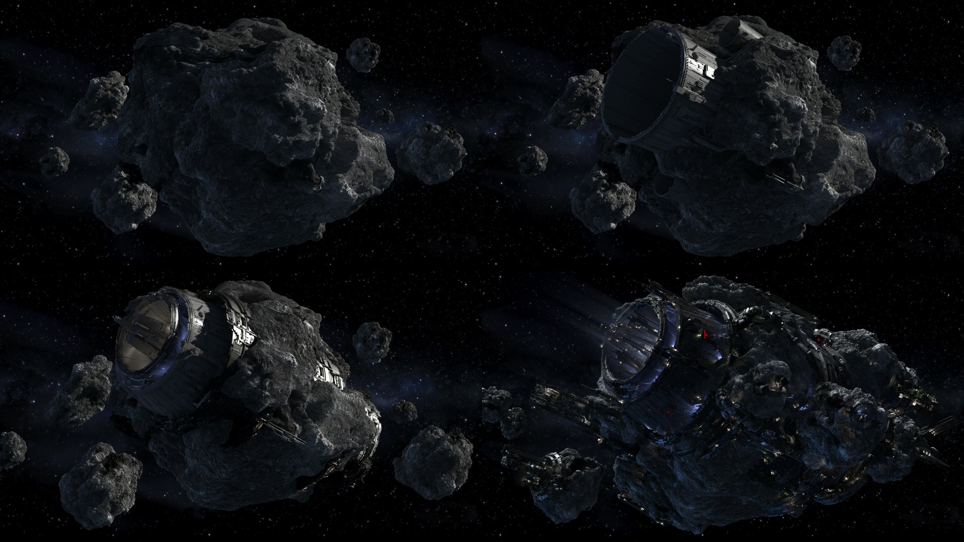 HD desktop wallpaper featuring asteroid mining in space with futuristic spacecraft.