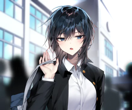 HD PC wallpaper of an Ishimi Yokoyama–style anime girl with dark hair and blue eyes in a school uniform, loosening her tie against a blurred school exterior background.