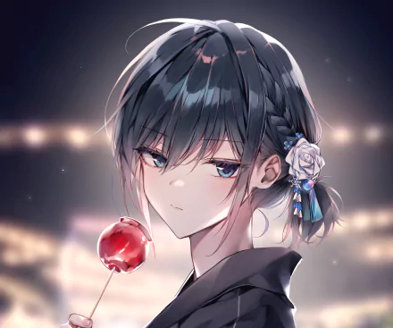 HD PC desktop wallpaper and background by Ishimi Yokoyama: an anime girl with dark braided hair and flower accessory, blue eyes, holding a glossy red candied apple.