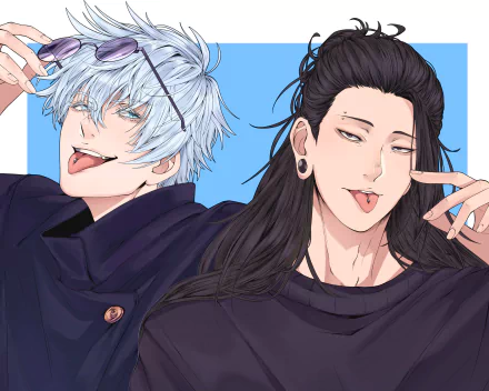 Anime 2K Quad HD PC wallpaper of Satoru Gojo and Suguru Geto (Jujutsu Kaisen) posing playfully, tongues out, against a blue-and-white background.