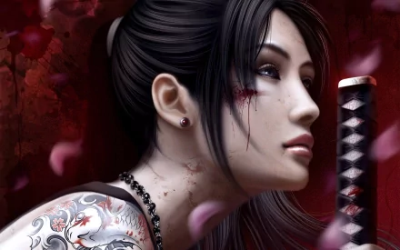 HD desktop wallpaper of a fantasy-themed Legend of the Five Rings character, holding a katana. The character has an intricate tattoo on her shoulder and a focused expression, set against a red, petal-filled background.