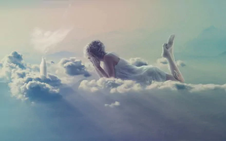 Artistic HD desktop wallpaper depicts a woman laying on clouds with a bottle of sake by her side, bathed in soft, ethereal light.