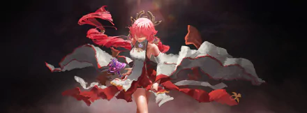 Yae Miko Guuji (Genshin Impact) in flowing red-white robes, holding a glowing purple charm under dramatic light — video game 2K Quad HD PC desktop wallpaper/background.