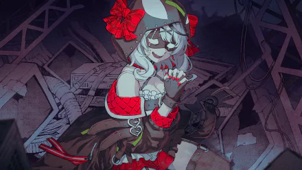HD PC wallpaper of hololive virtual YouTuber Sakamata Chloe in a red‑accent gothic outfit, clasping her hands and smiling amid a ruined industrial backdrop, anime style.