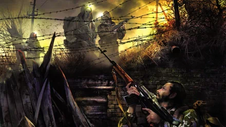 A dramatic scene from the video game S.T.A.L.K.E.R., depicting a soldier aiming an assault rifle while figures loom ominously in the background, shrouded in shadows and barbed wire.