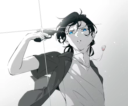 Shinpei Ajiro, Summer Time Rendering, monochrome portrait with bright blue eyes, pistol to his temple and a rose pendant on a chain, 2K Quad HD PC desktop wallpaper/background.