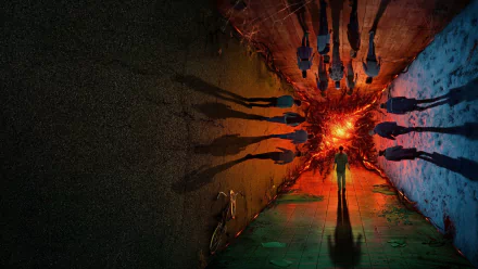 Stranger Things - Season 4 TV show HD PC desktop wallpaper and background: silhouetted group surrounding a fiery otherworldly portal in a dim, mirrored corridor, long shadows stretching toward it.