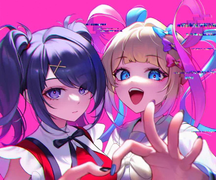 2K Quad HD wallpaper of Ame-chan (Needy Girl Overdose) and OMGkawaiiAngel-chan from the video game NEEDY GIRL OVERDOSE: a dark twin-tail and an exuberant blonde pose against a neon pink backdrop.
