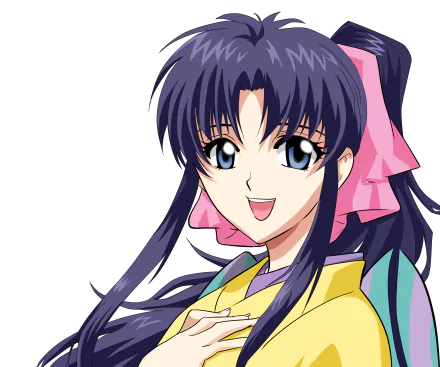 Kaoru Kamiya from Rurouni Kenshin — anime 4K Ultra HD PC desktop wallpaper/background: smiling long dark hair, blue eyes, pink ribbon and yellow kimono.