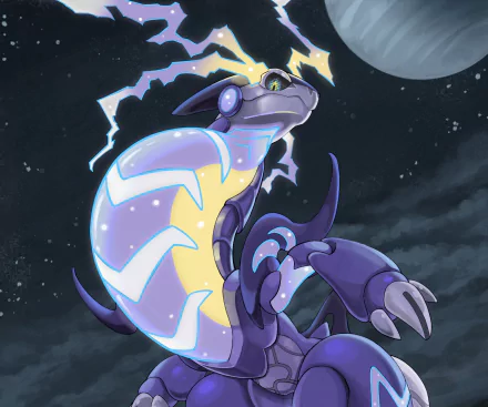 HD PC desktop wallpaper of Miraidon (Pokémon) from the video game Pokémon: Scarlet and Violet, a glowing electric purple-blue dragon-like Pokémon against a stormy night sky with moon.